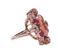 Coral, Rubies, Tourmaline, Diamonds, Rose Gold and Silver Ring.