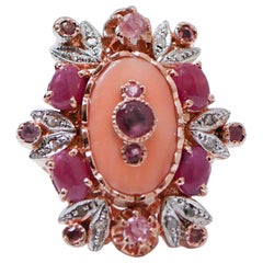 Coral, Rubies, Tourmaline, Diamonds, Rose Gold and Silver Ring.