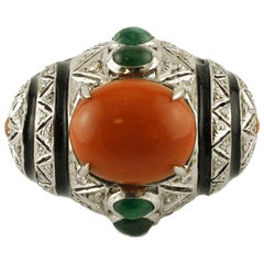 Coral Rubrum, Emeralds, Diamonds, 14 Karat White Gold Ring