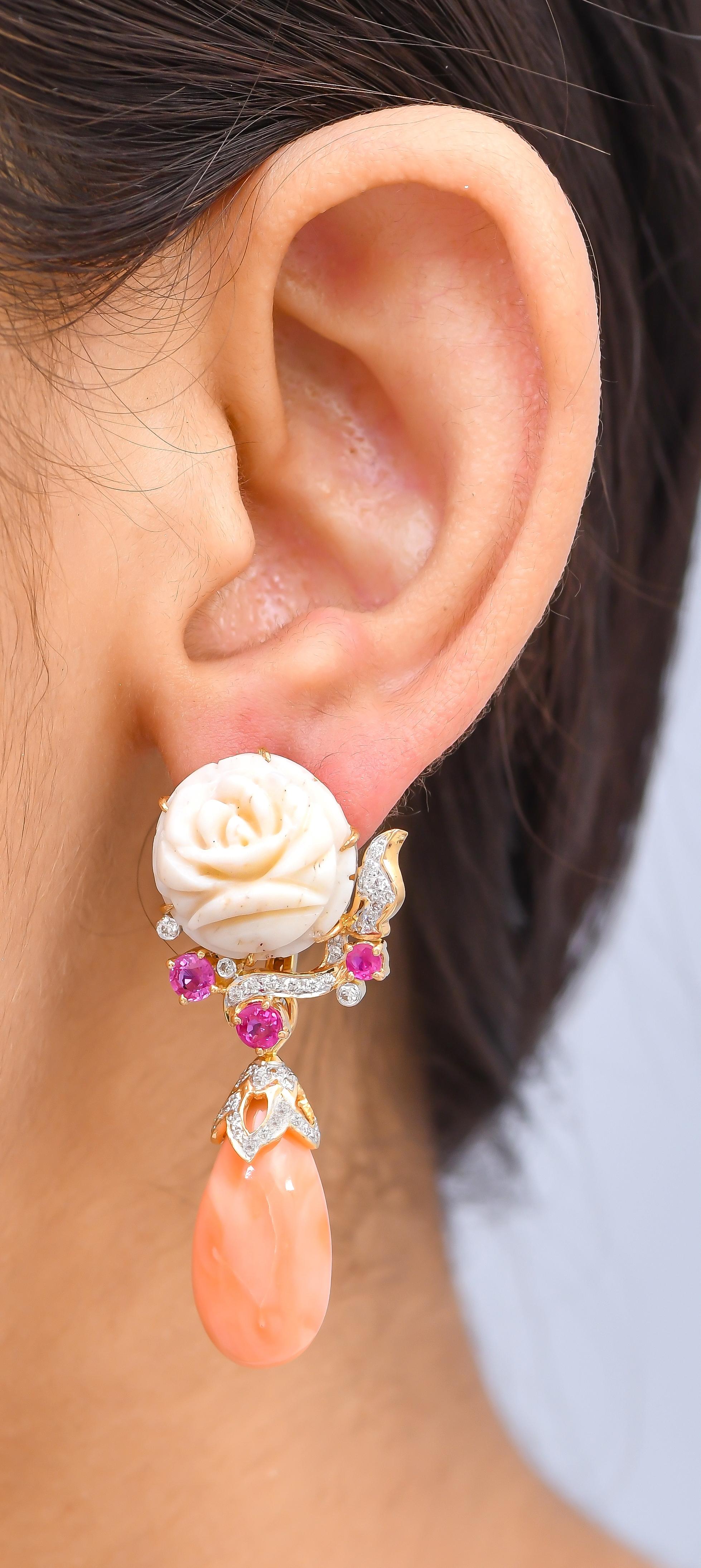Coral Ruby Diamond 18 Karat Yellow Gold Detachable Earrings In New Condition In Jaipur, Jaipur