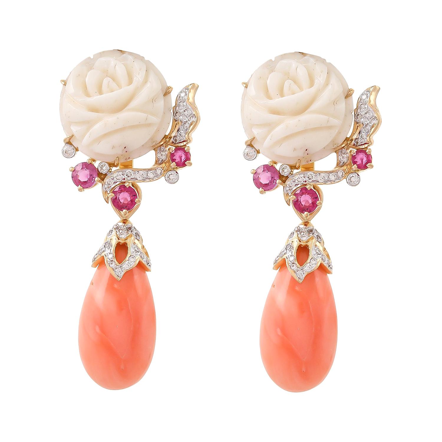 Coral Ruby Diamond 18 Karat Yellow Gold Detachable Earrings