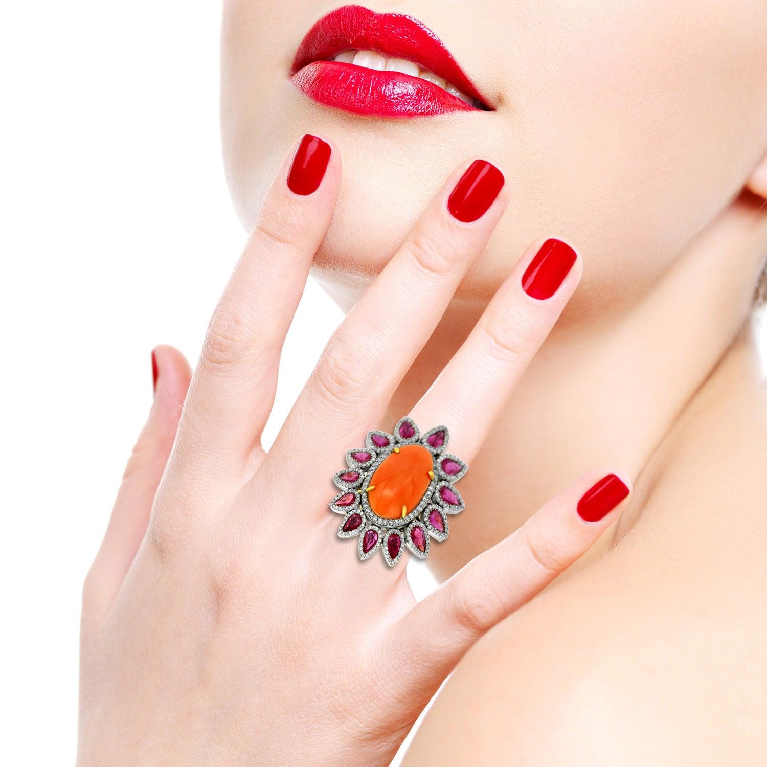 For Sale:  Coral Ruby Diamond Ring 2
