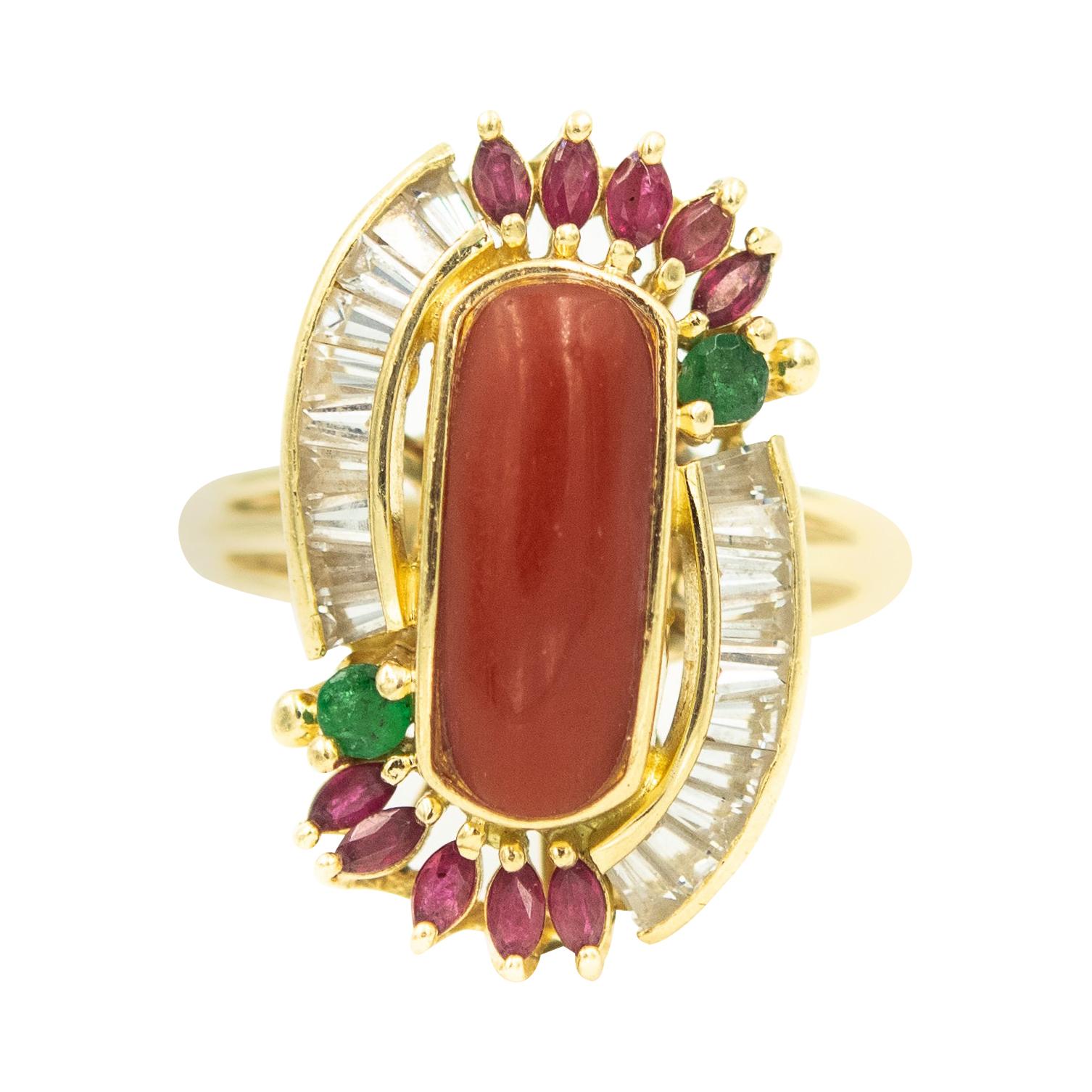 Coral Ruby Emerald and White Sapphire Yellow Gold Cocktail Ring For Sale