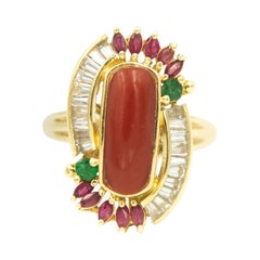 Coral Ruby Emerald and White Sapphire Yellow Gold Cocktail Ring