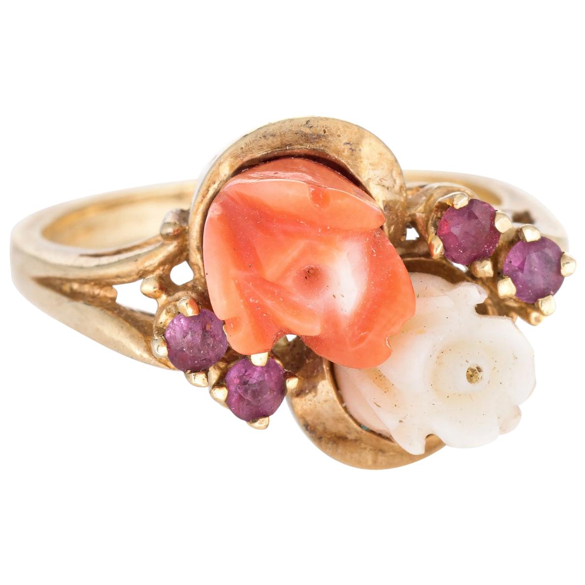 Coral Ruby Flower Ring Vintage 14 Karat Yellow Gold Estate Fine Jewelry