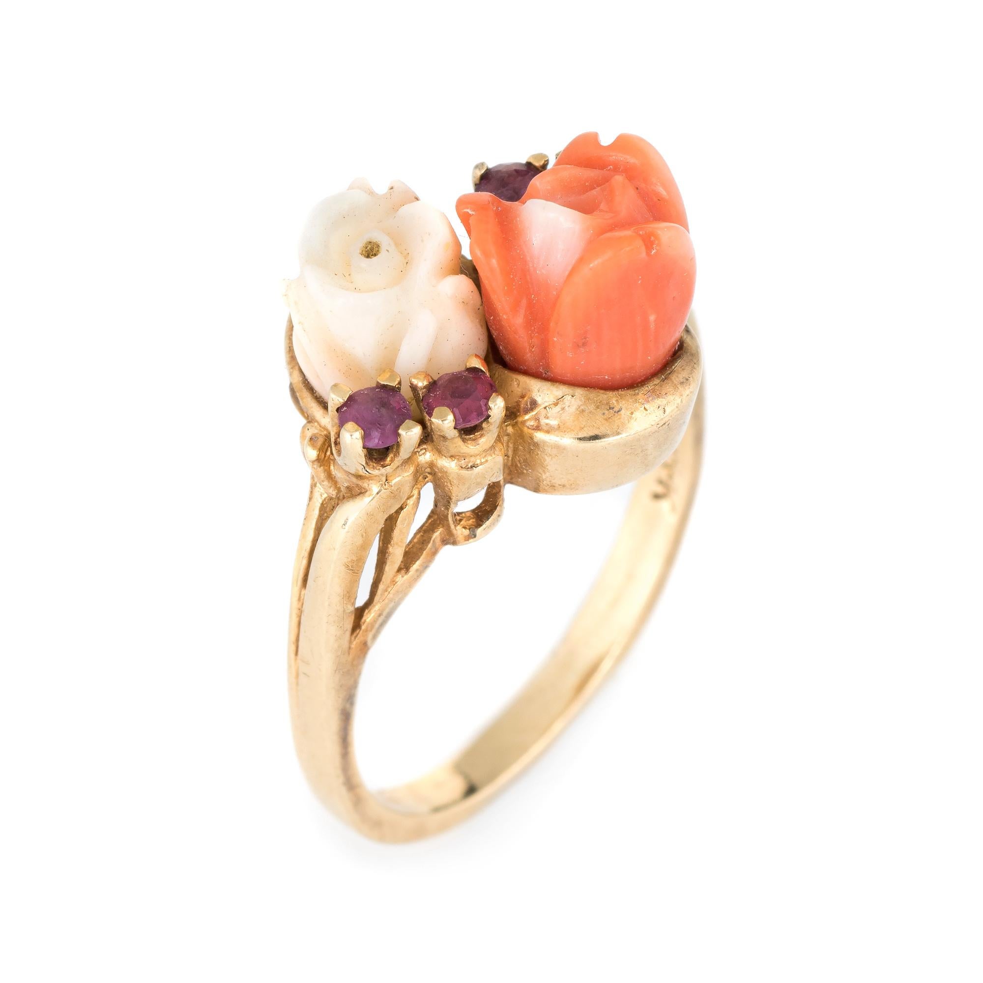 Stylish vintage double coral & ruby flower ring (circa 1960s to 1970s) crafted in 14 karat yellow gold. 

Two pieces of coral (white & apricot) measure 6mm & 7mm. Four rubies are each estimated at 0.02 carats (0.08 carats total estimated weight).