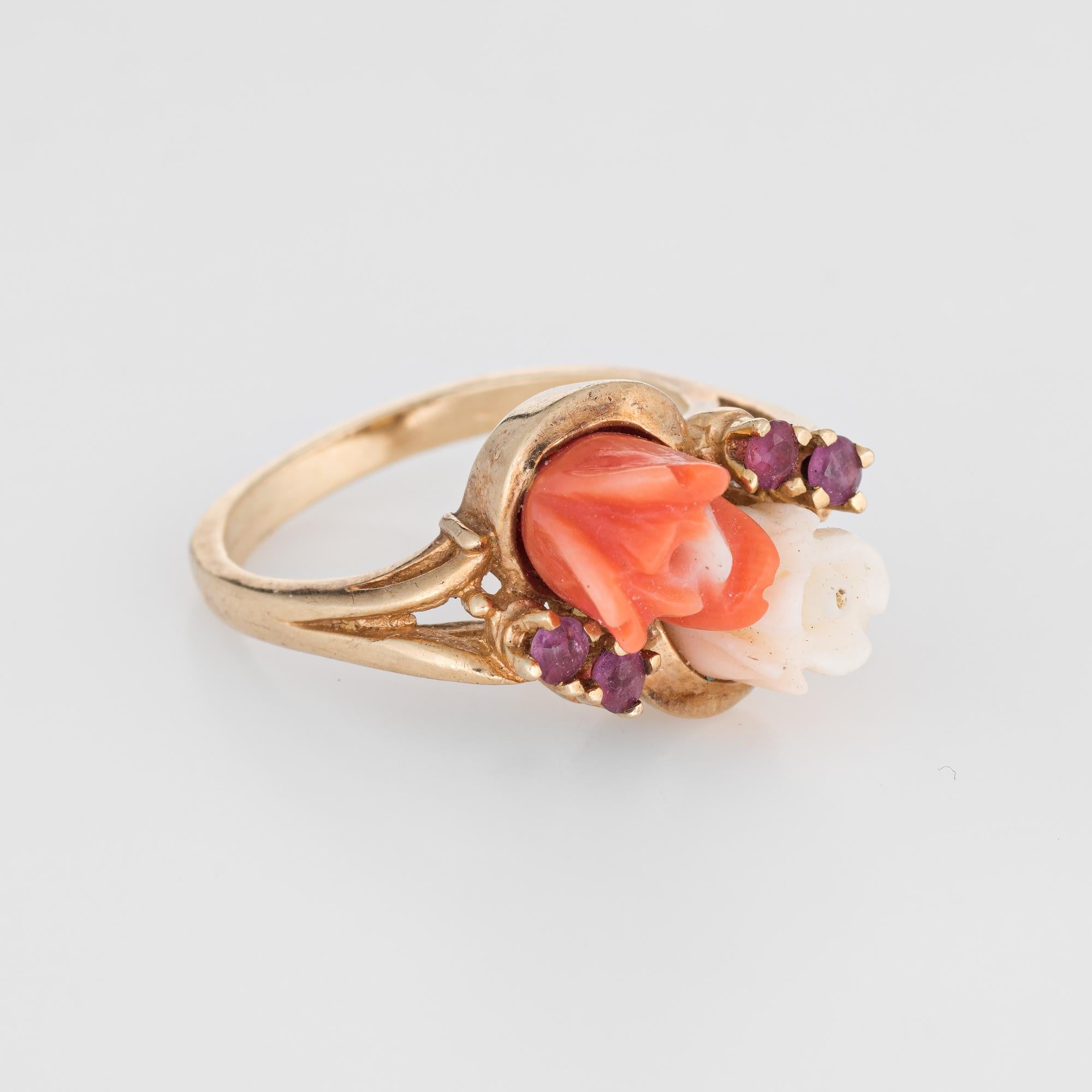 Modern Coral Ruby Flower Ring Vintage 14 Karat Yellow Gold Estate Fine Jewelry