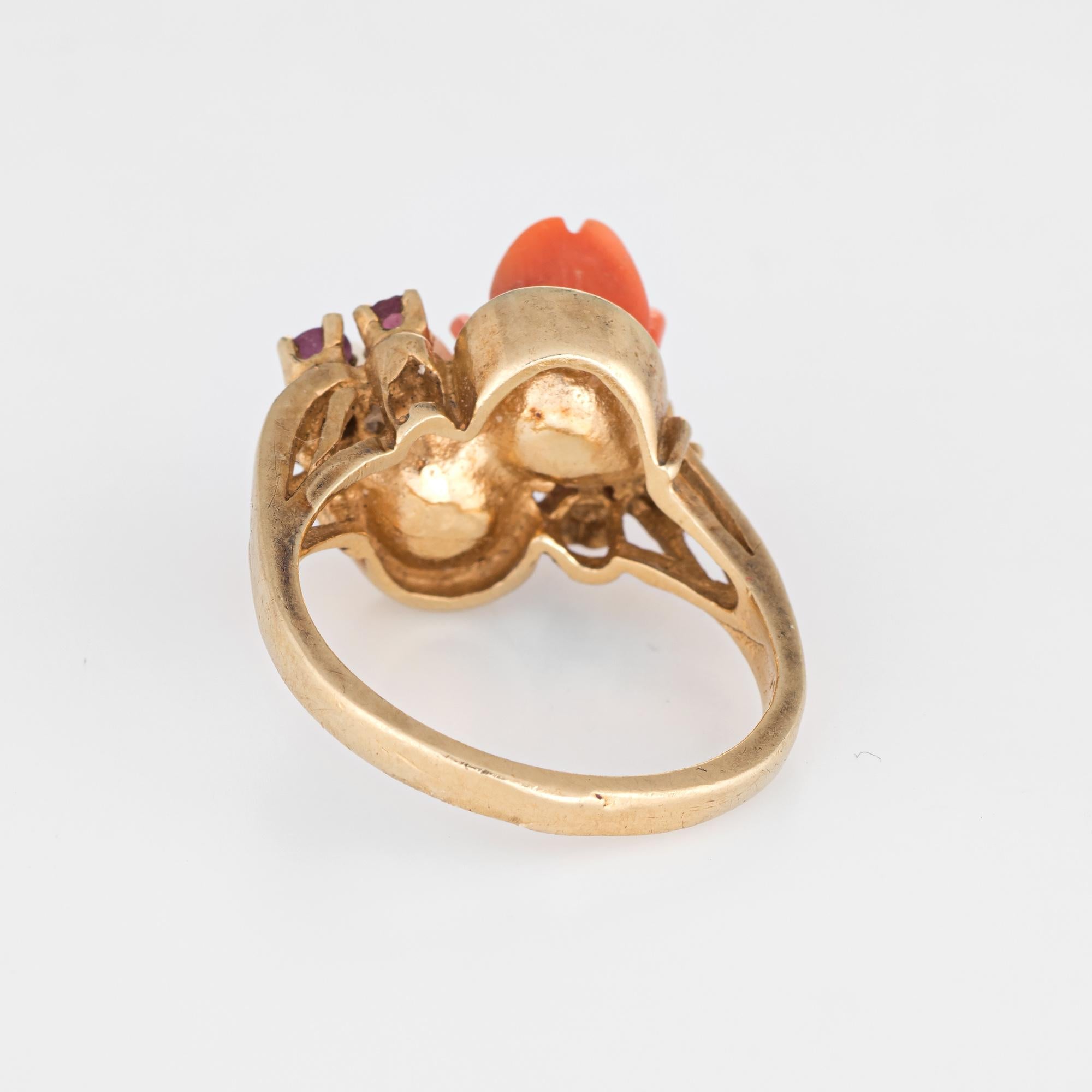 Women's Coral Ruby Flower Ring Vintage 14 Karat Yellow Gold Estate Fine Jewelry