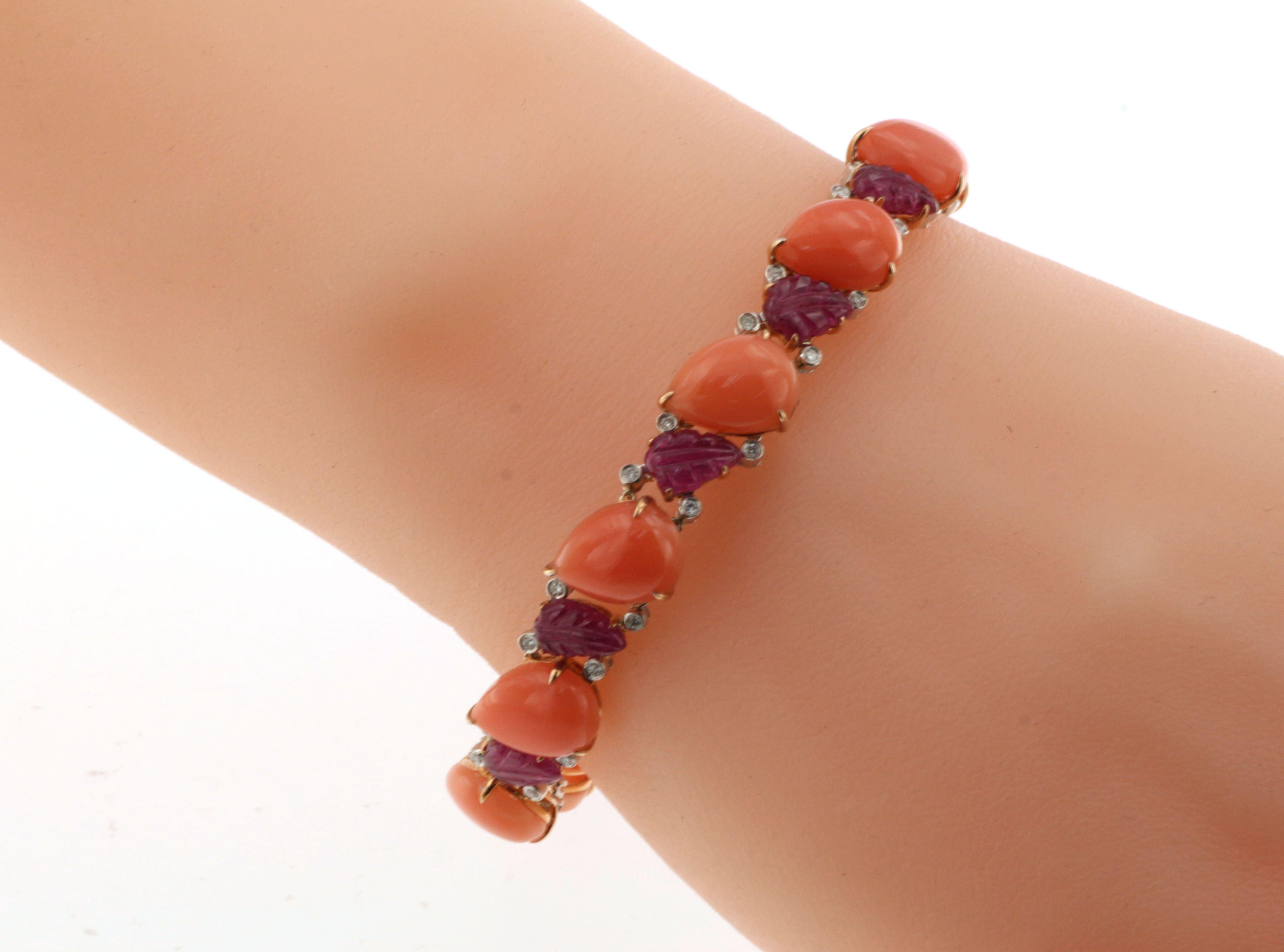 Coral Ruby Leafs Diamond Bracelet in 18 Karat Rose White Gold In New Condition In Hong Kong, HK