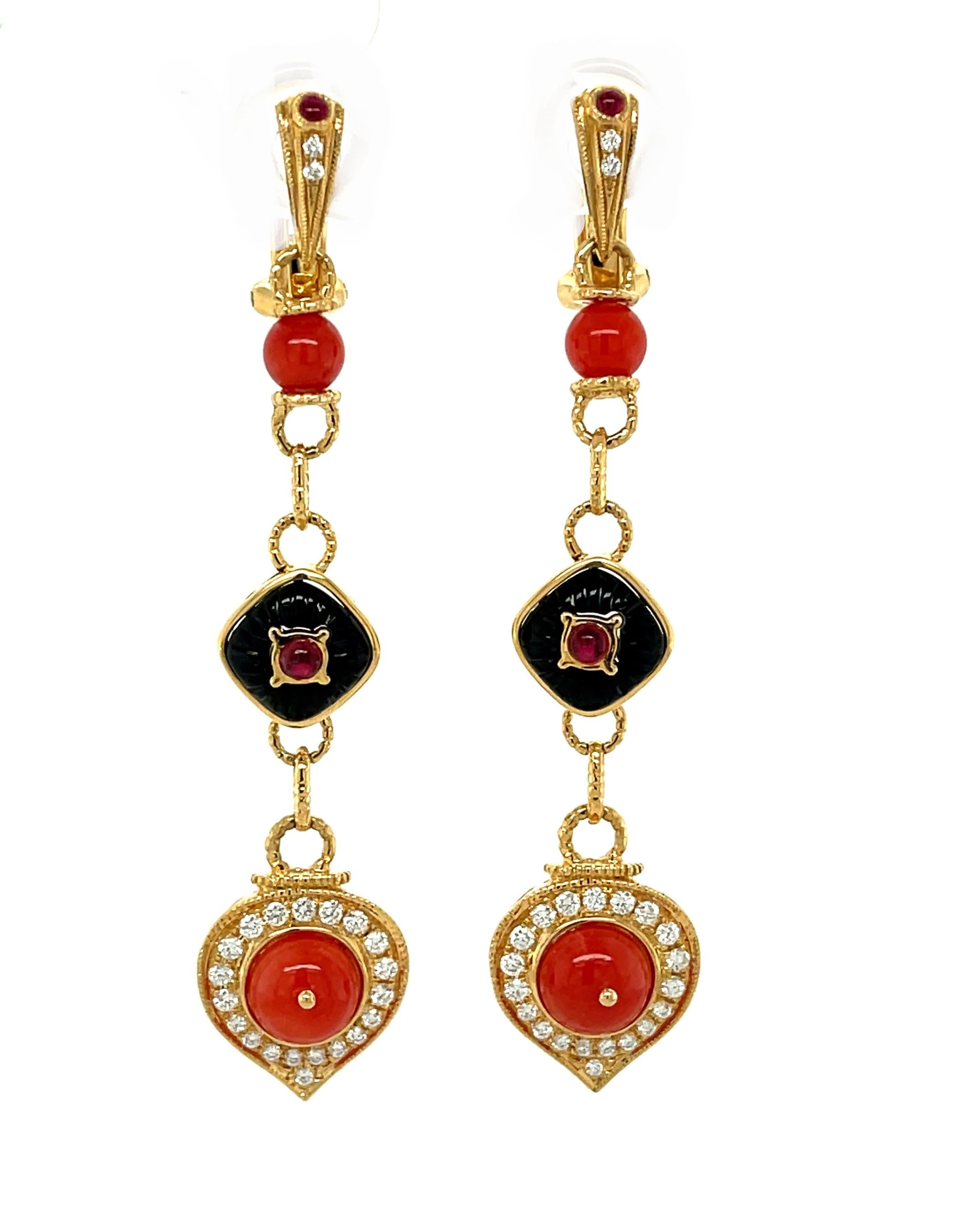Artisan Coral, Ruby, Onyx and Diamond Dangle Earrings in Yellow Gold with French Clips