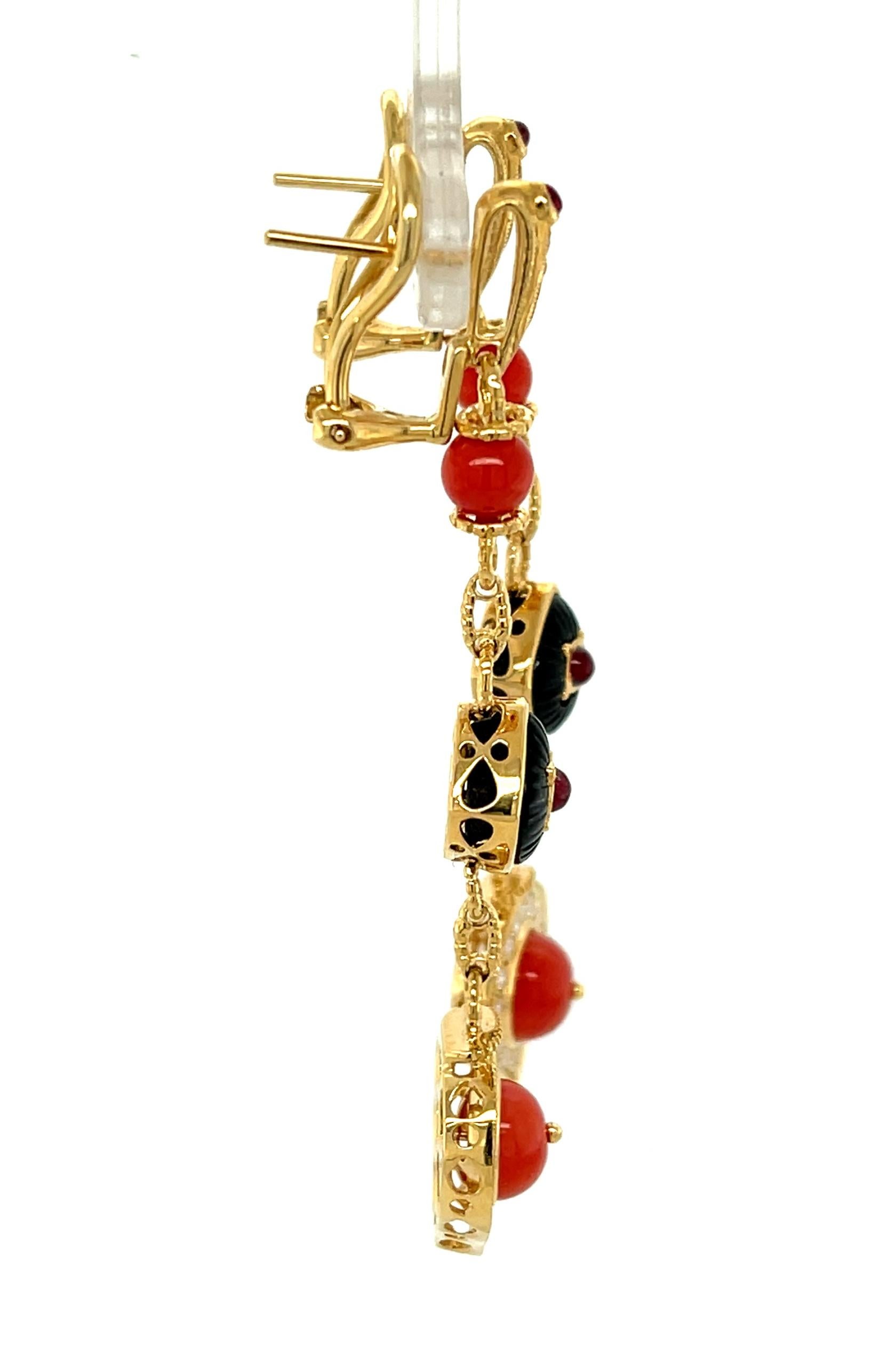 Cabochon Coral, Ruby, Onyx and Diamond Dangle Earrings in Yellow Gold with French Clips