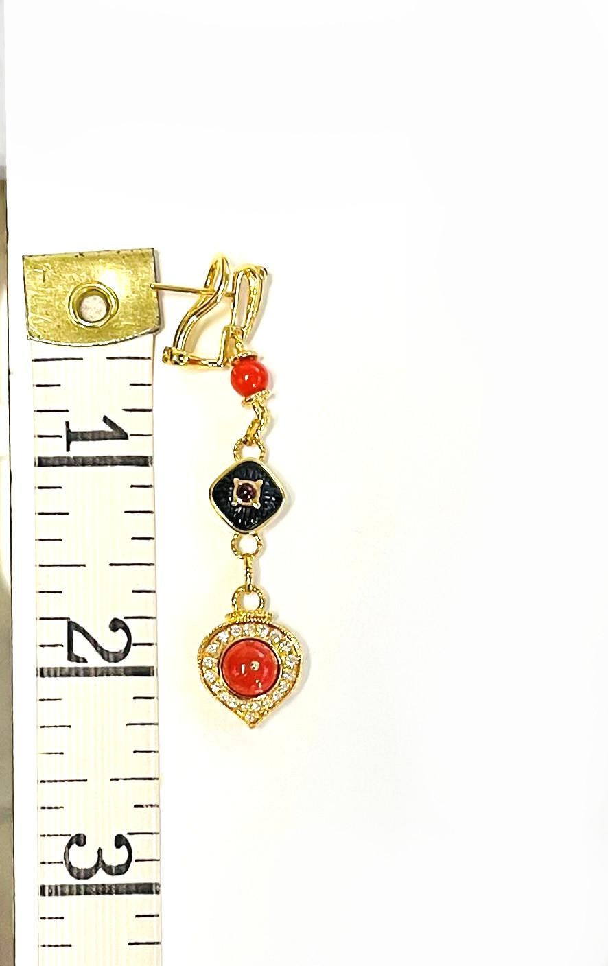Coral, Ruby, Onyx and Diamond Dangle Earrings in Yellow Gold with French Clips In New Condition In Los Angeles, CA