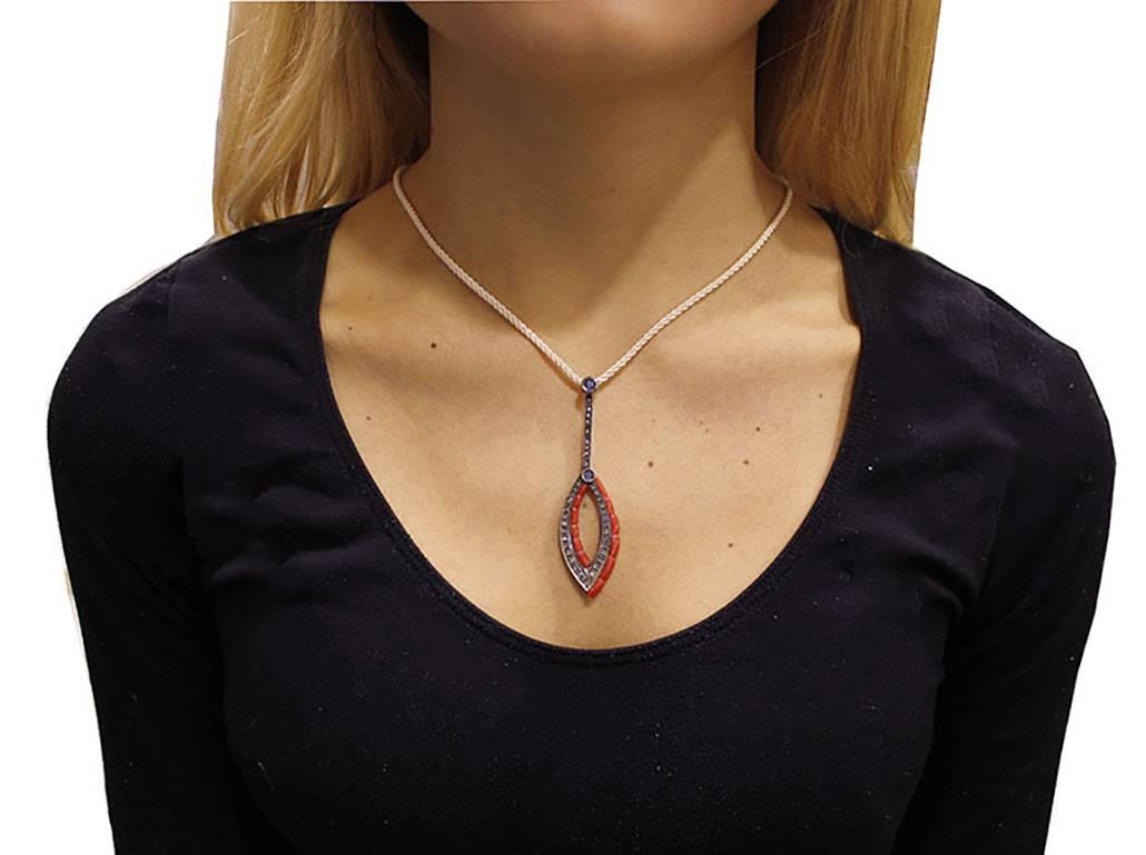 Red Coral, Blue Sapphire, Diamonds, Rose Gold and Silver Retrò Pendant Necklace For Sale 3