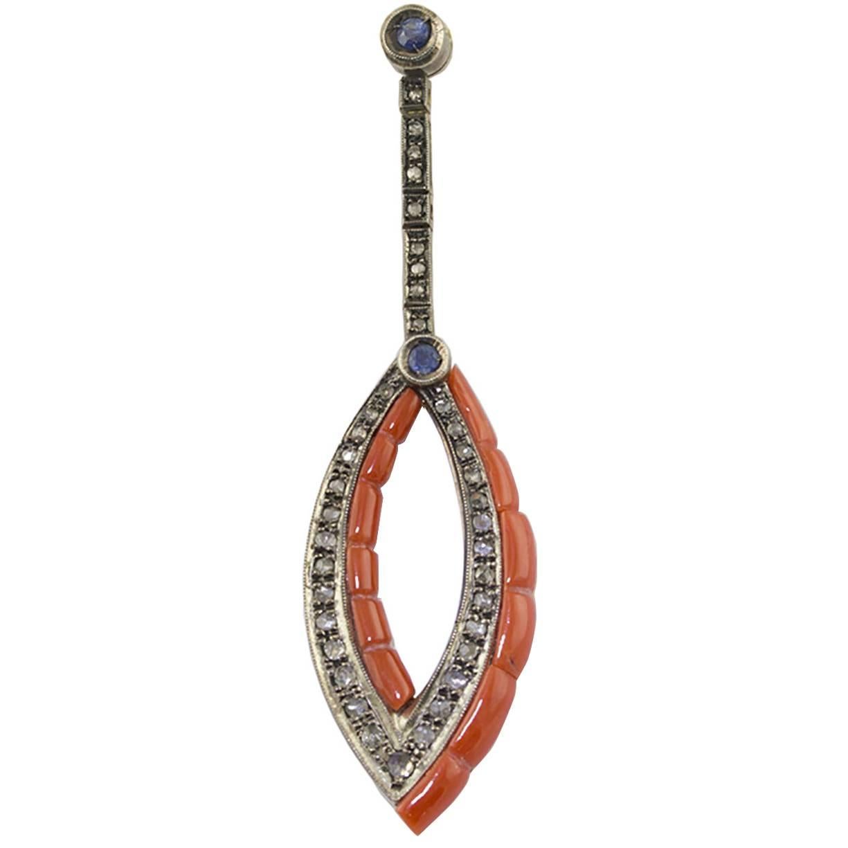 Red Coral, Blue Sapphire, Diamonds, Rose Gold and Silver Retrò Pendant Necklace For Sale
