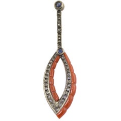 Vintage Red Coral, Blue Sapphire, Diamonds, Rose Gold and Silver Retrò Pendant Necklace