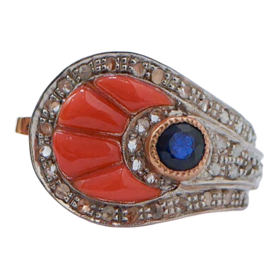 Coral, Sapphire, Diamonds, Rose Gold and Silver Ring For Sale