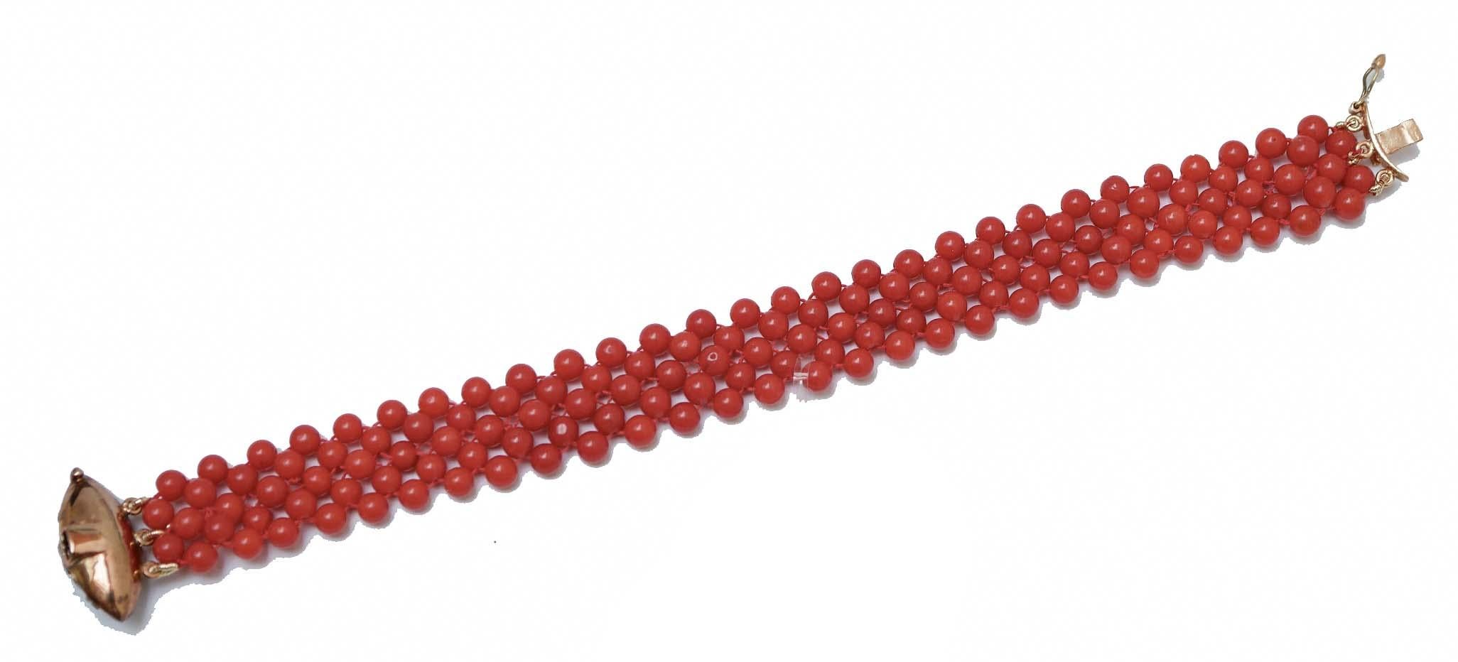 Retro Coral, Sapphires , Diamonds, 14 Karat Rose Gold and Silver Bracelet.