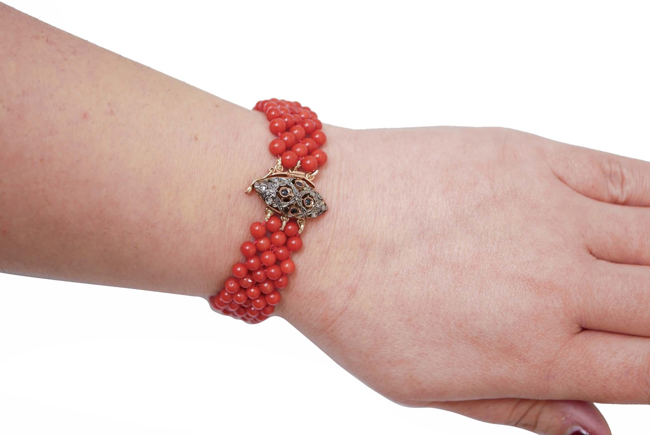 Mixed Cut Coral, Sapphires , Diamonds, 14 Karat Rose Gold and Silver Bracelet.