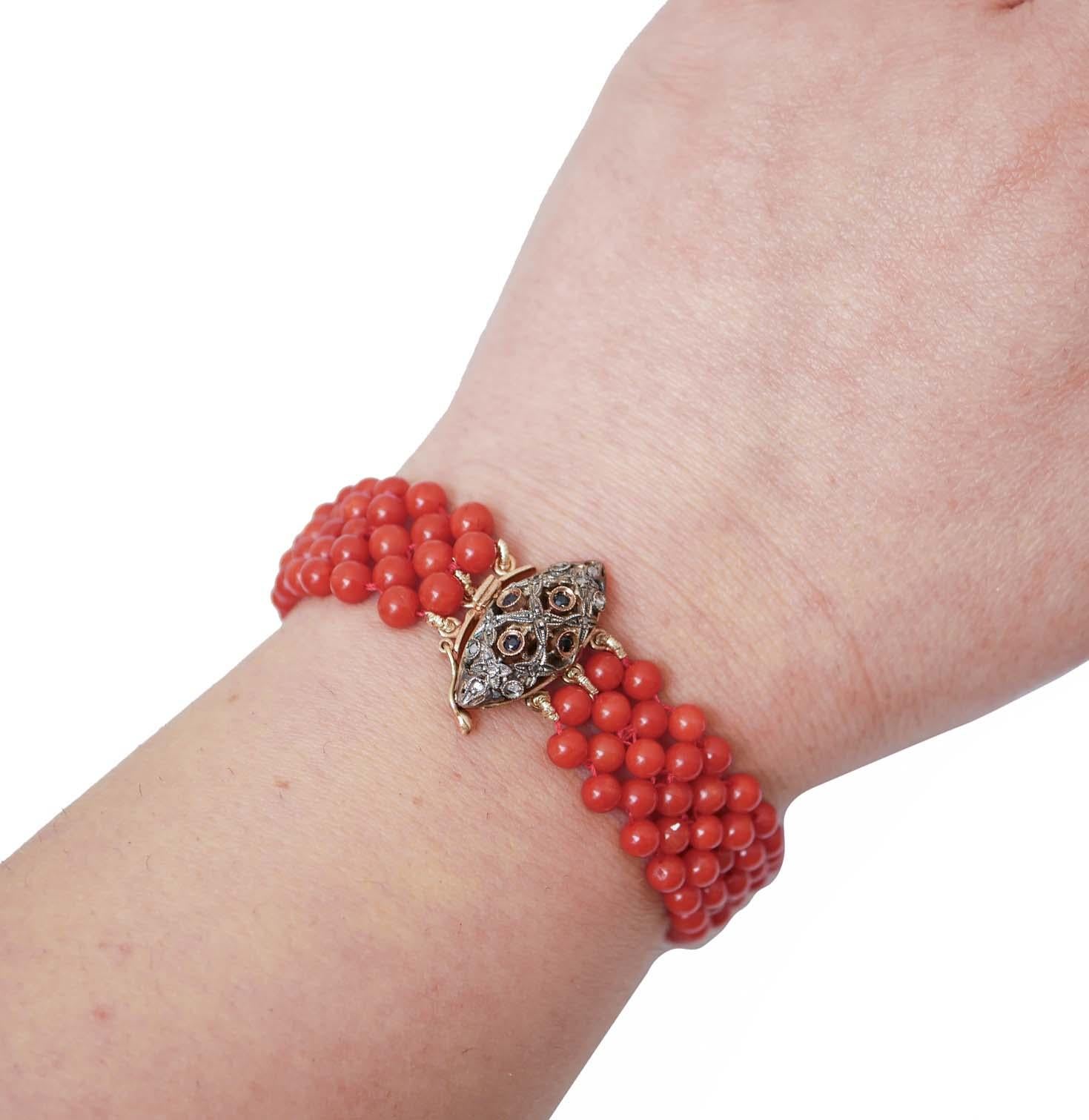 Coral, Sapphires , Diamonds, 14 Karat Rose Gold and Silver Bracelet. In Good Condition In Marcianise, Marcianise (CE)