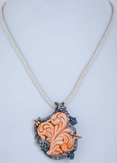 Coral, Sapphires, Diamonds, 14 Karat Rose Gold and Silver Brooch / Pendant.
