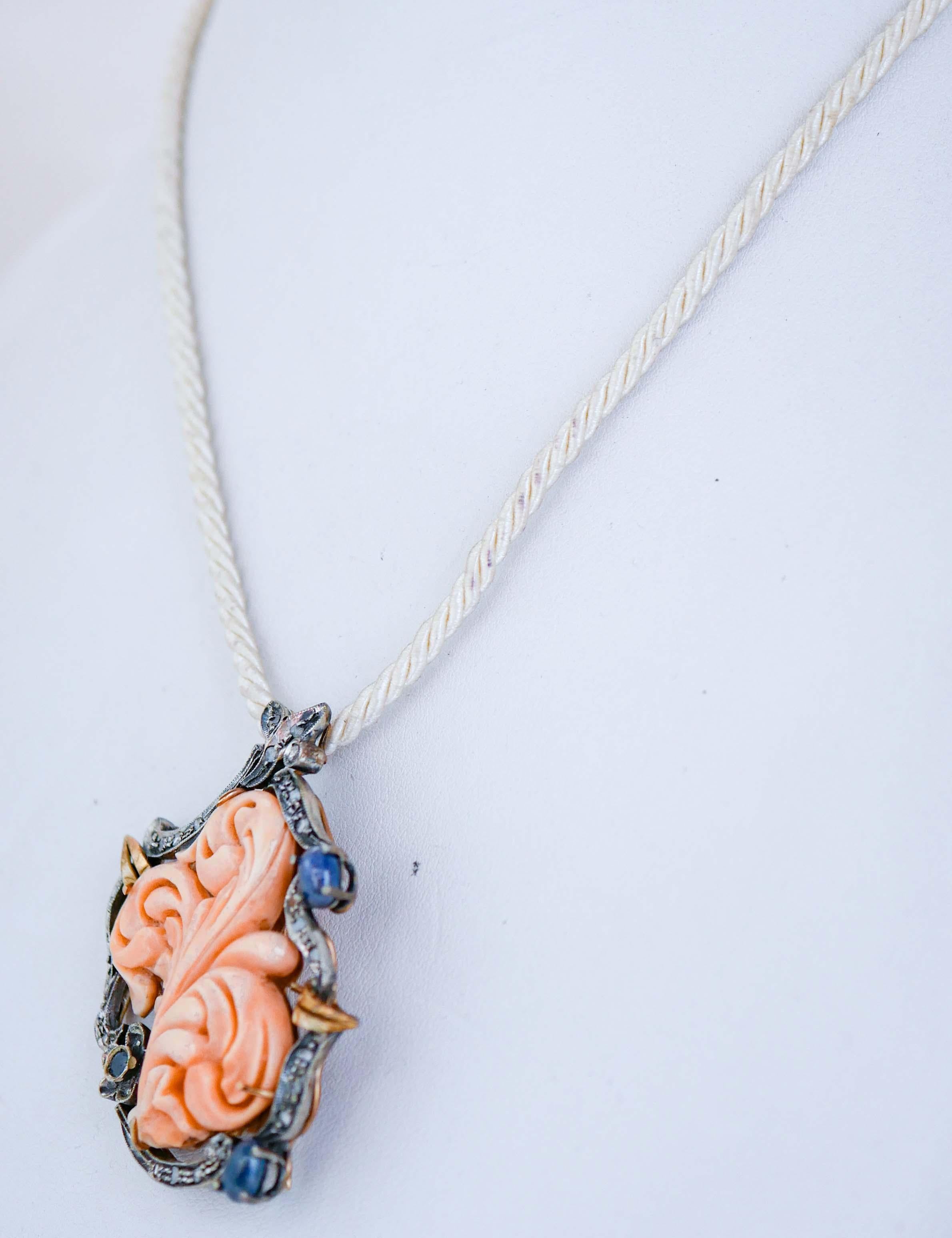 Retro Coral, Sapphires, Diamonds, 14 Karat Rose Gold and Silver Brooch / Pendant. For Sale