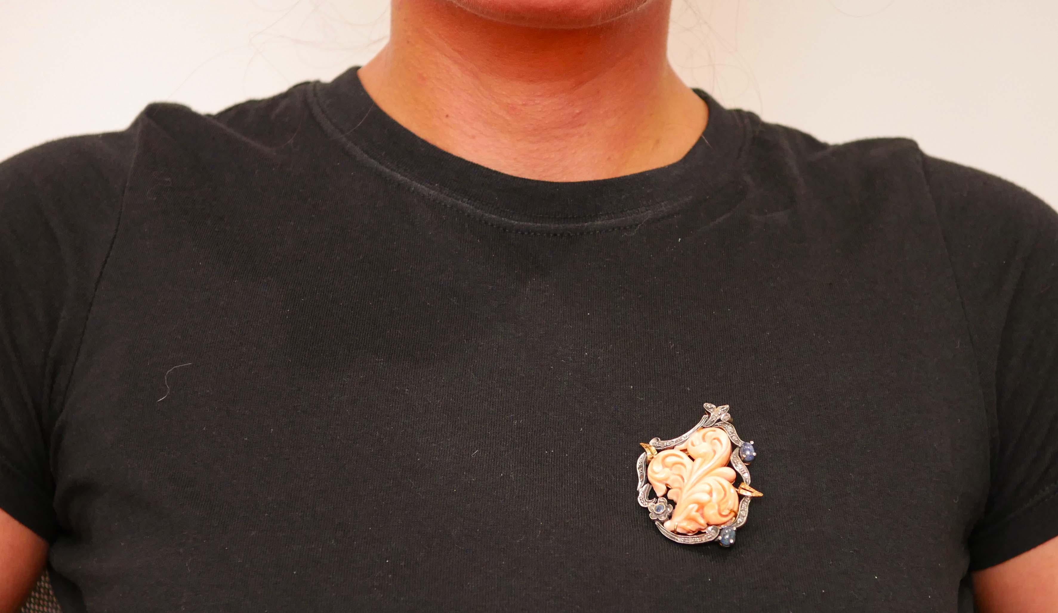 Coral, Sapphires, Diamonds, 14 Karat Rose Gold and Silver Brooch / Pendant. For Sale 1