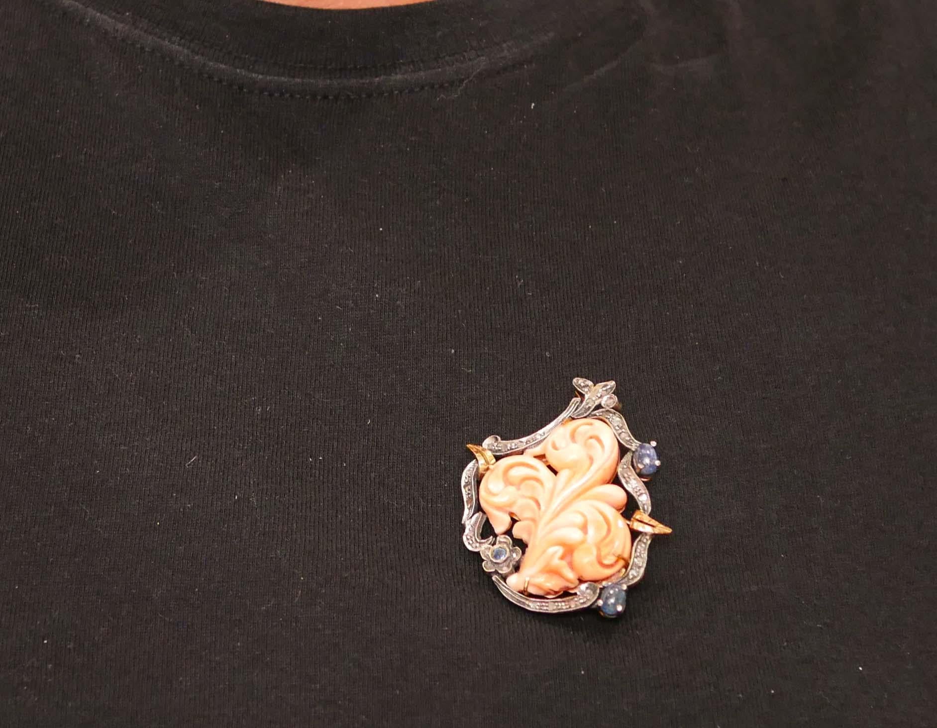 Coral, Sapphires, Diamonds, 14 Karat Rose Gold and Silver Brooch / Pendant. For Sale 2