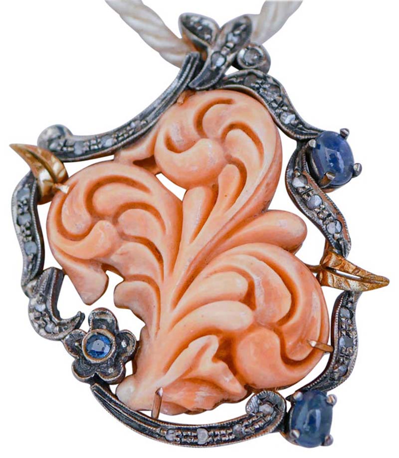 Coral, Sapphires, Diamonds, 14 Karat Rose Gold and Silver Brooch / Pendant. For Sale