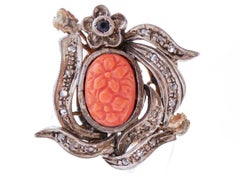 Coral, Sapphires, Diamonds, 14 Karat Rose Gold and Silver Earrings.