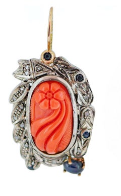Coral, Sapphires, Diamonds, 14 Karat Rose Gold and Silver Earrings.