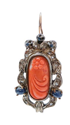 Coral, Sapphires, Diamonds, 14 Karat Rose Gold and Silver Earrings.