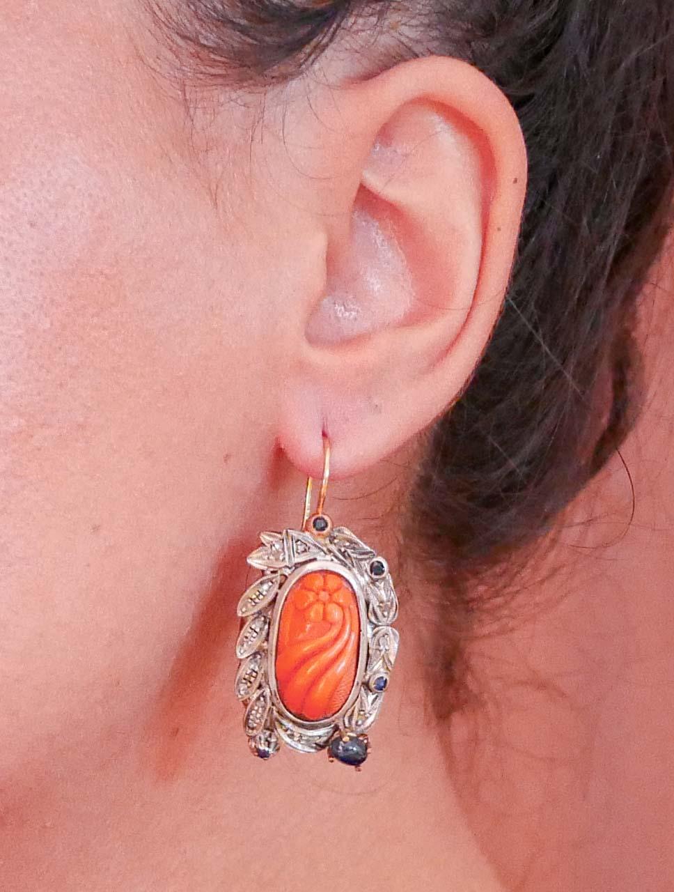 Coral, Sapphires, Diamonds, 14 Karat Rose Gold and Silver Earrings. In Good Condition For Sale In Marcianise, Marcianise (CE)