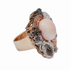 Coral, Sapphires, Diamonds, 14 Karat Rose Gold and White Gold Ring.
