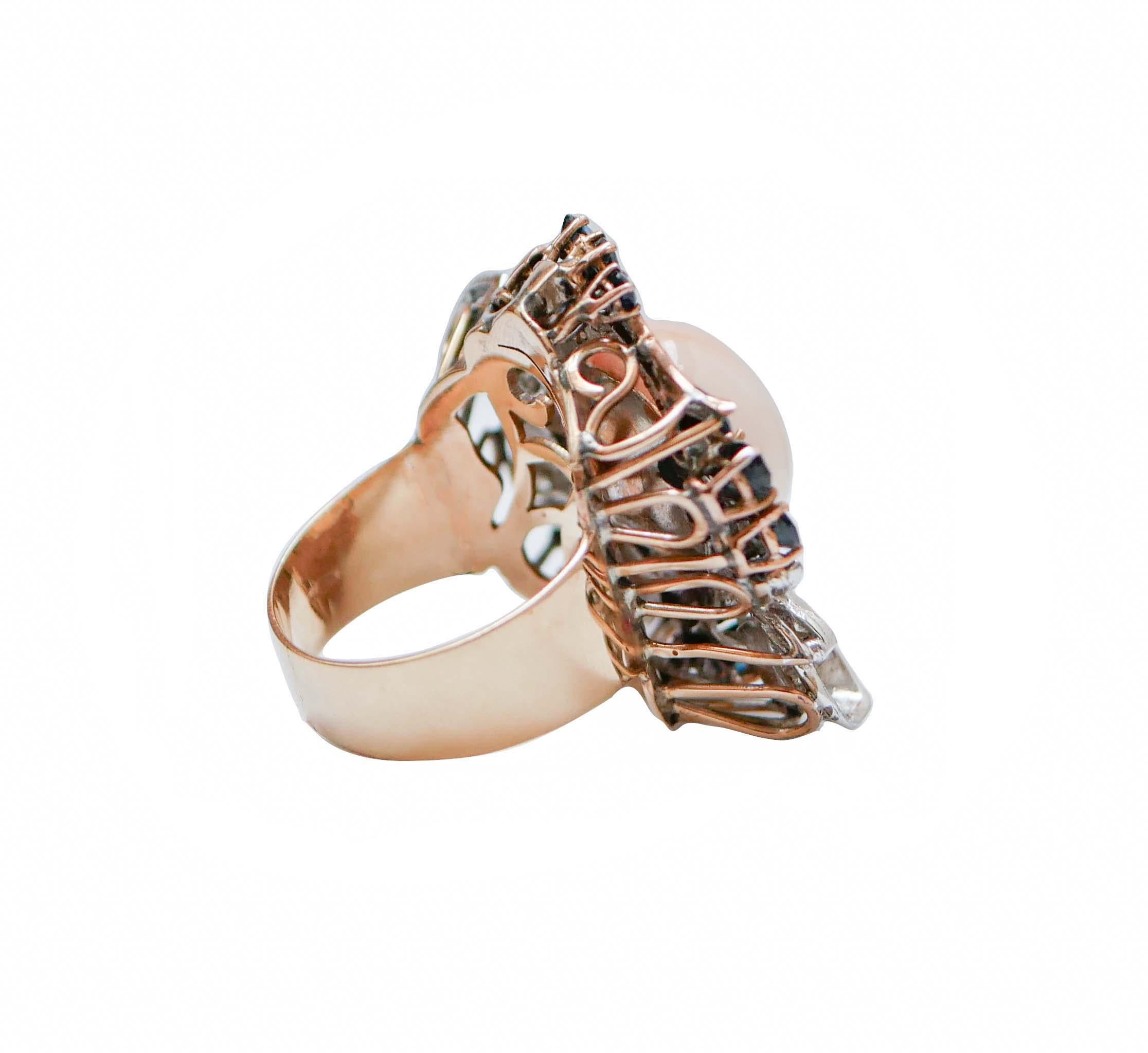 Retro Coral, Sapphires, Diamonds, 14 Karat Rose Gold and White Gold Ring. For Sale