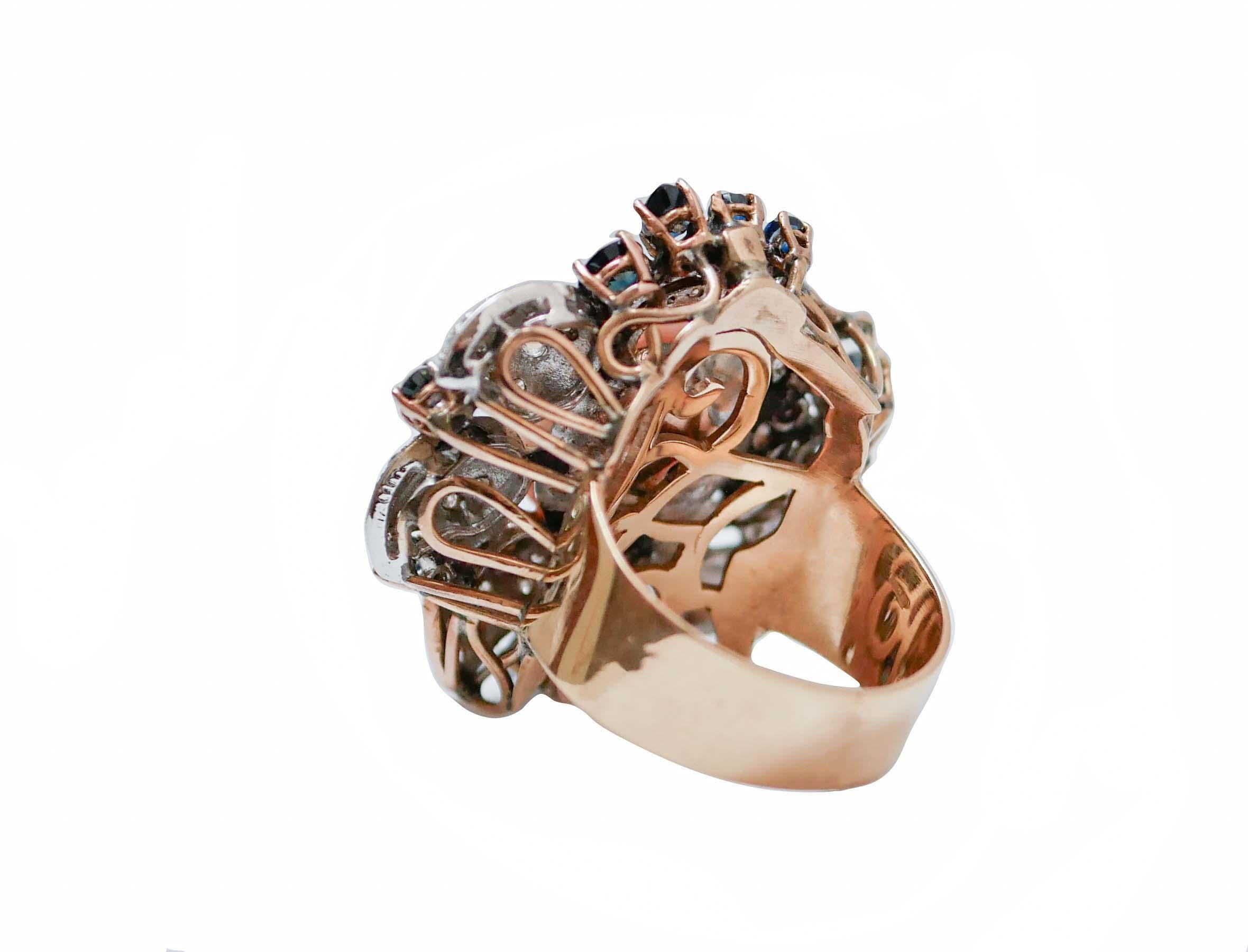 Mixed Cut Coral, Sapphires, Diamonds, 14 Karat Rose Gold and White Gold Ring. For Sale