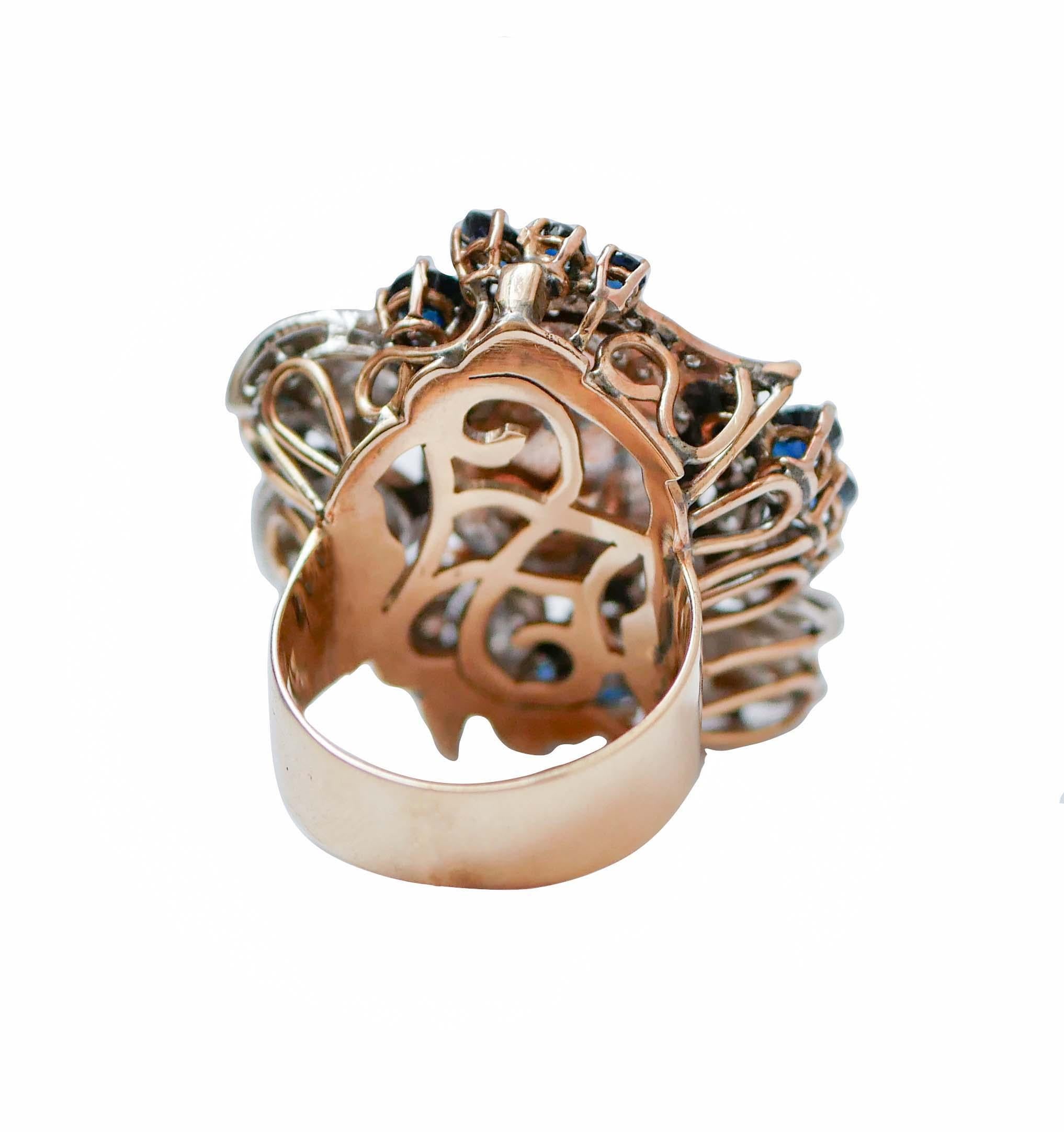 Coral, Sapphires, Diamonds, 14 Karat Rose Gold and White Gold Ring. In Good Condition For Sale In Marcianise, Marcianise (CE)