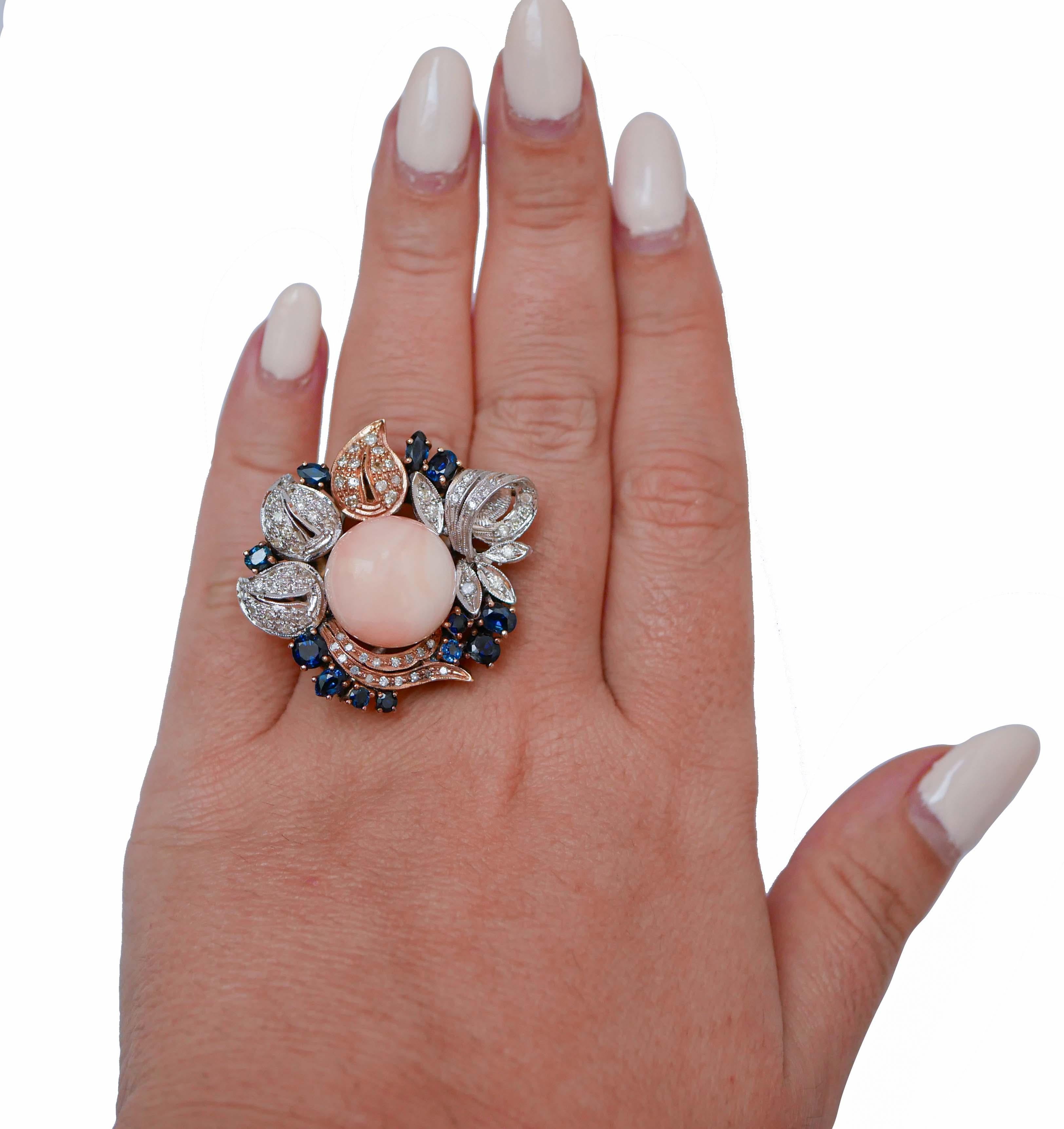 Women's Coral, Sapphires, Diamonds, 14 Karat Rose Gold and White Gold Ring. For Sale