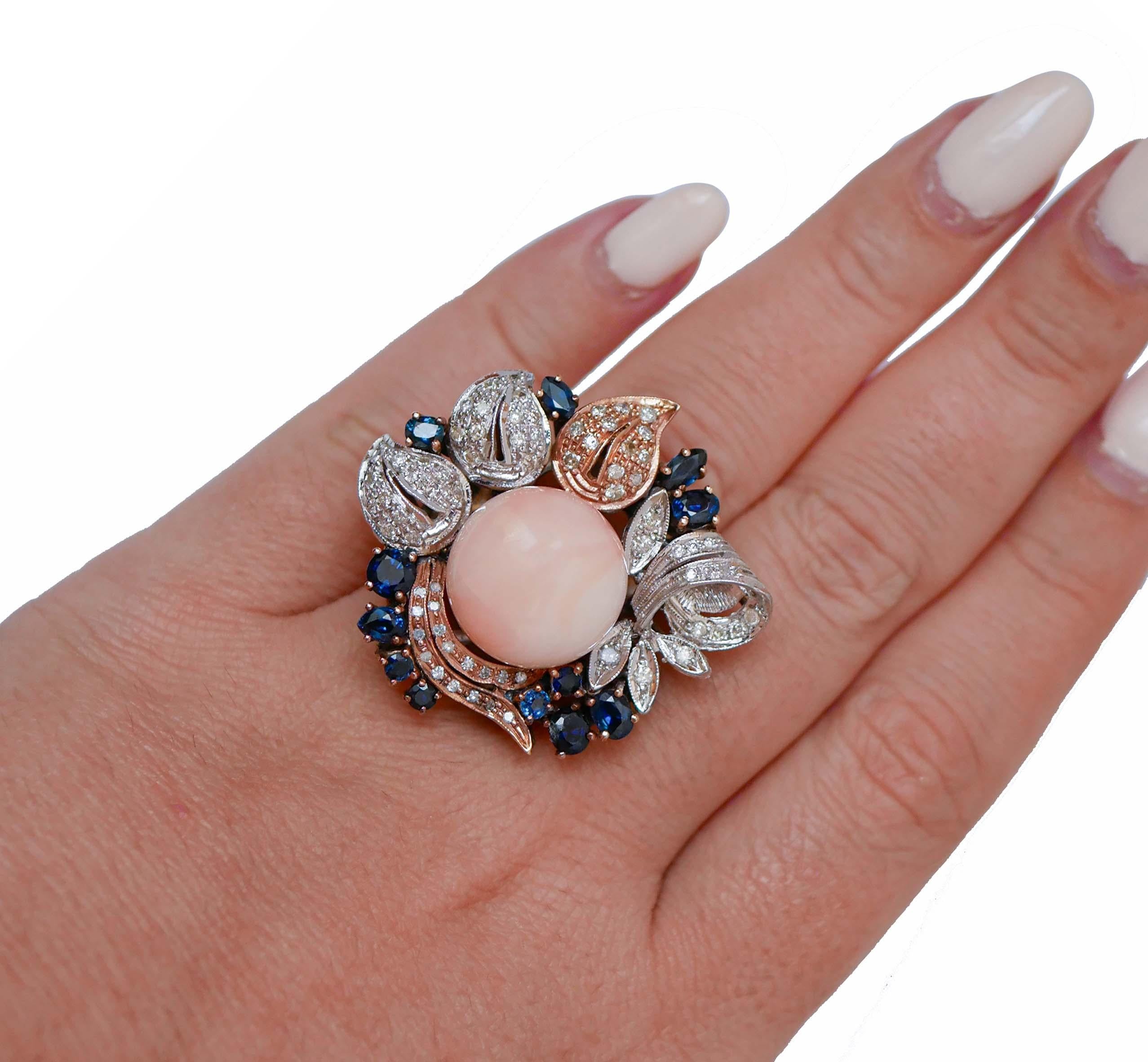 Coral, Sapphires, Diamonds, 14 Karat Rose Gold and White Gold Ring. For Sale 1