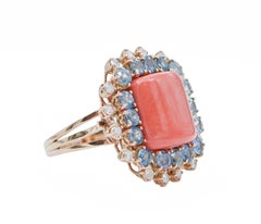 Coral, Sapphires, Diamonds, 14 Karat Rose Gold Retrò Ring