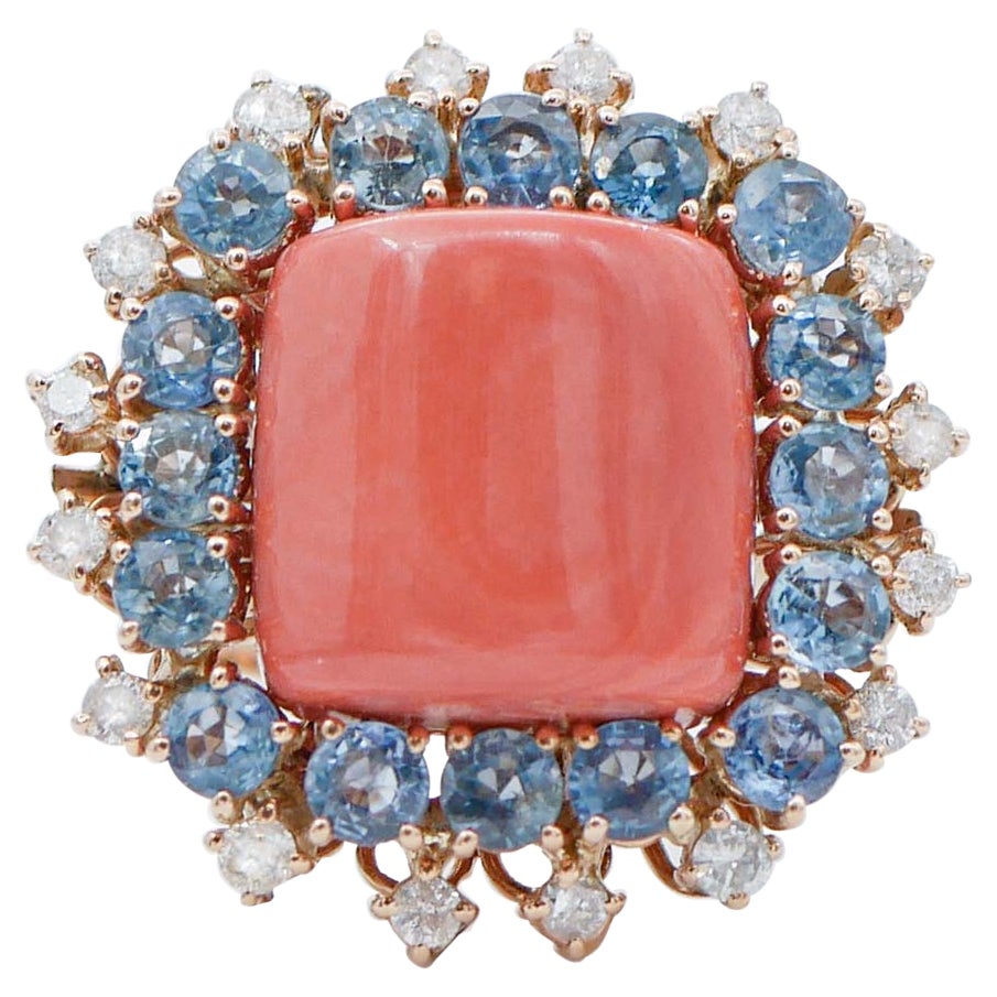 Coral, saphirs, diamants, bague Retrò en or rose 14 carats