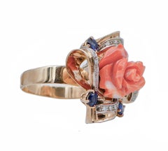 Coral, Sapphires, Diamonds, 14 Karat Rose Gold Ring