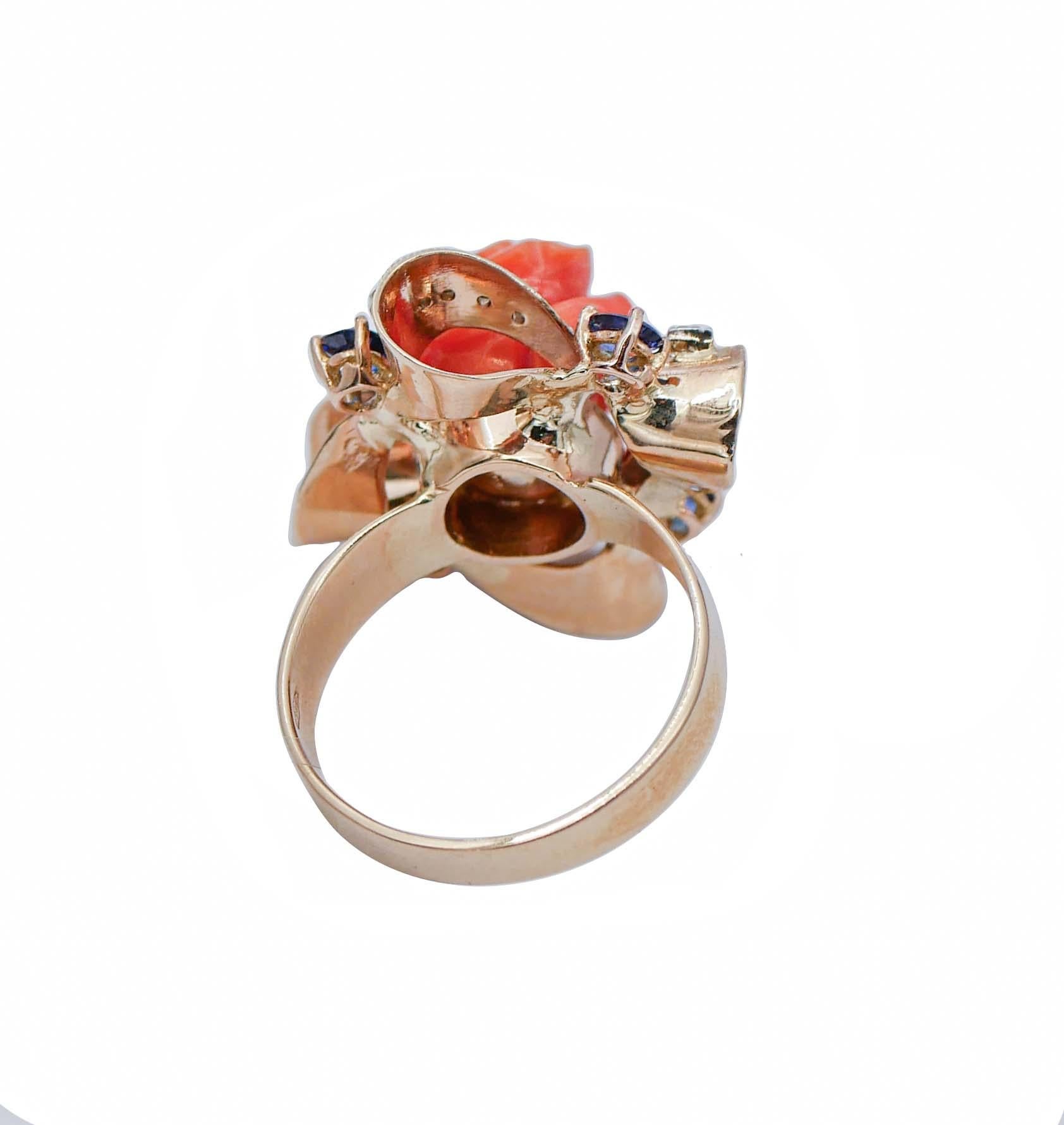 Retro Coral, Sapphires, Diamonds, 14 Karat Rose Gold Ring For Sale