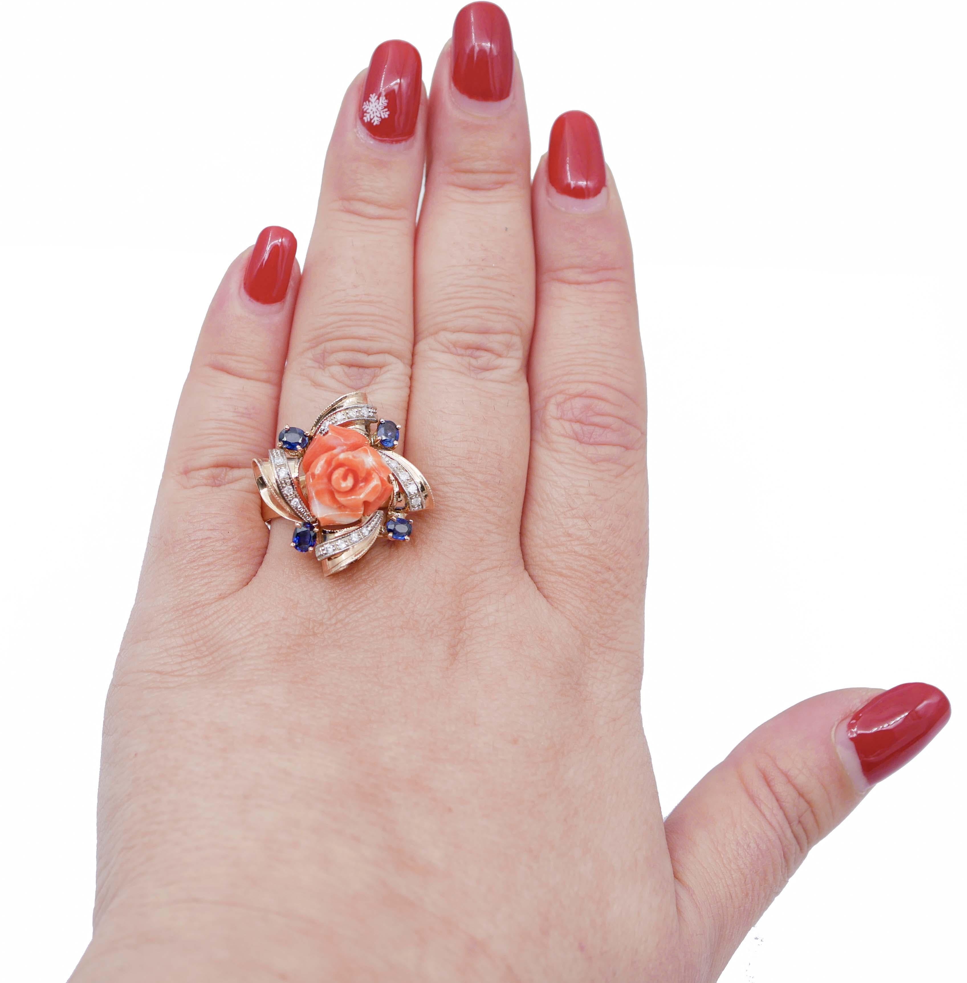 Mixed Cut Coral, Sapphires, Diamonds, 14 Karat Rose Gold Ring For Sale