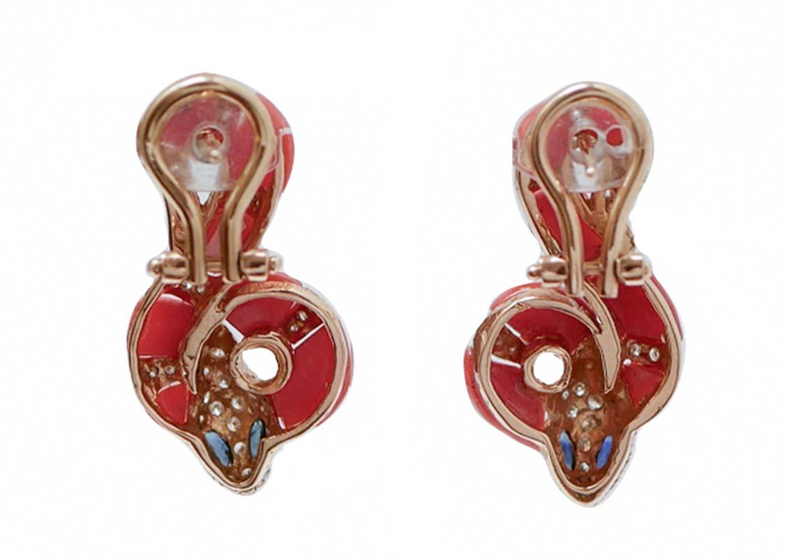 Retro Coral, Sapphires, Diamonds, 14 Karat Rose Gold Snake Earrings.