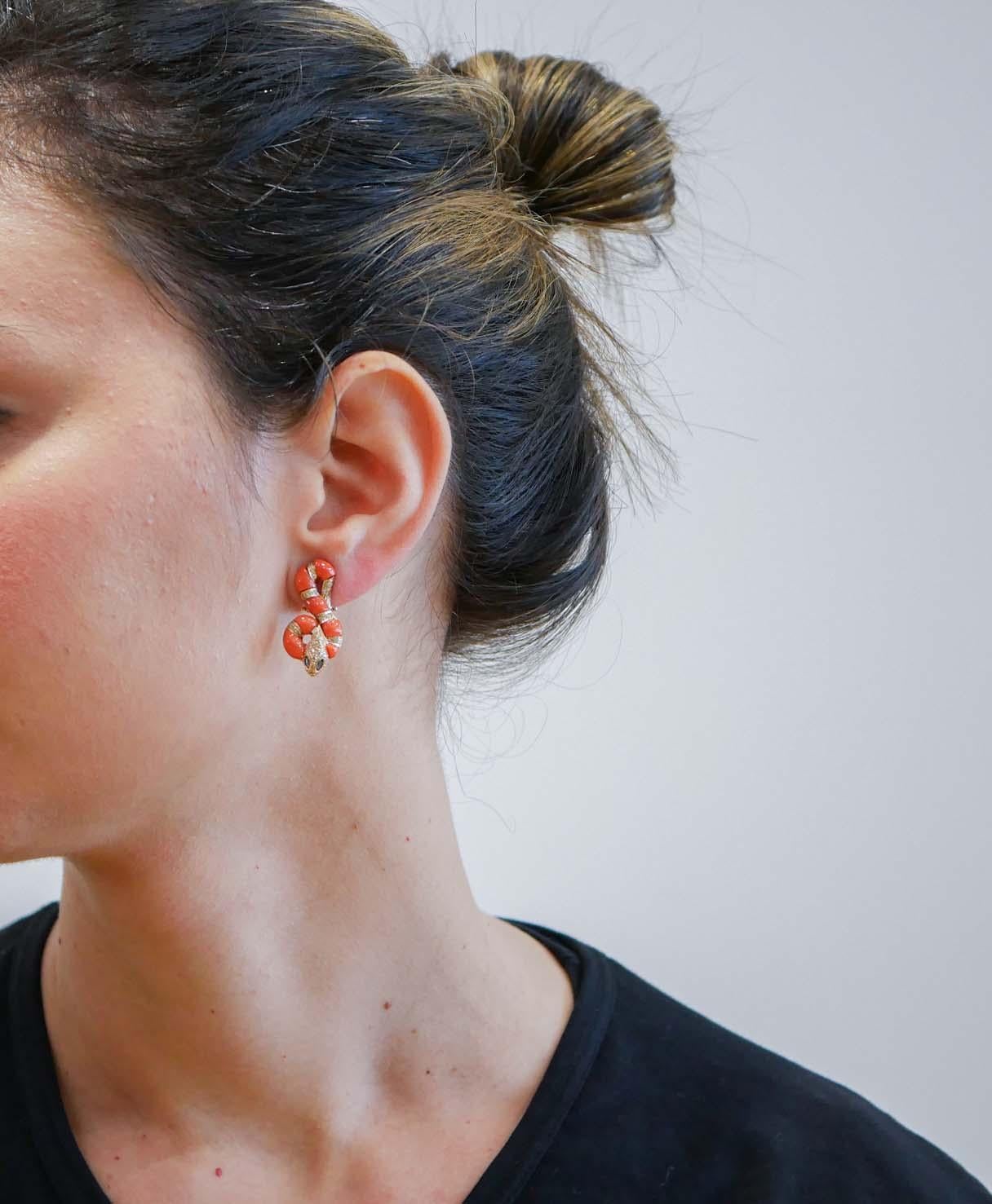 Mixed Cut Coral, Sapphires, Diamonds, 14 Karat Rose Gold Snake Earrings.