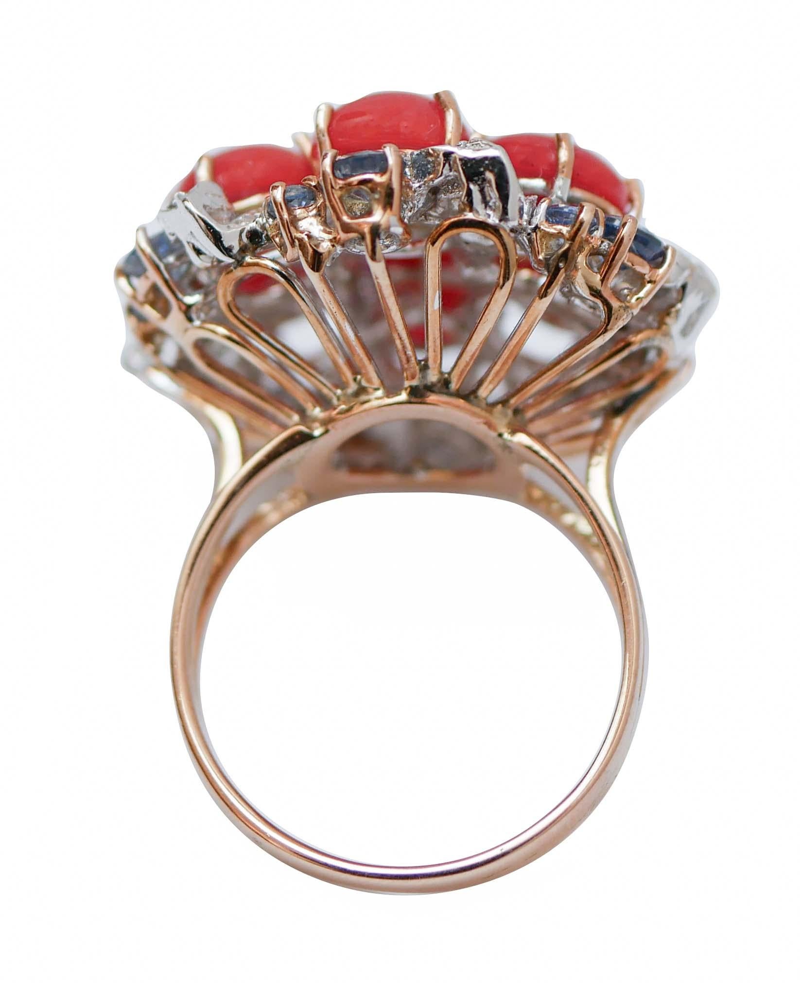 Retro Coral, Sapphires, Diamonds, 14 Karat White and Rose Gold Ring.