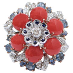Coral, Sapphires, Diamonds, 14 Karat White and Rose Gold Ring.