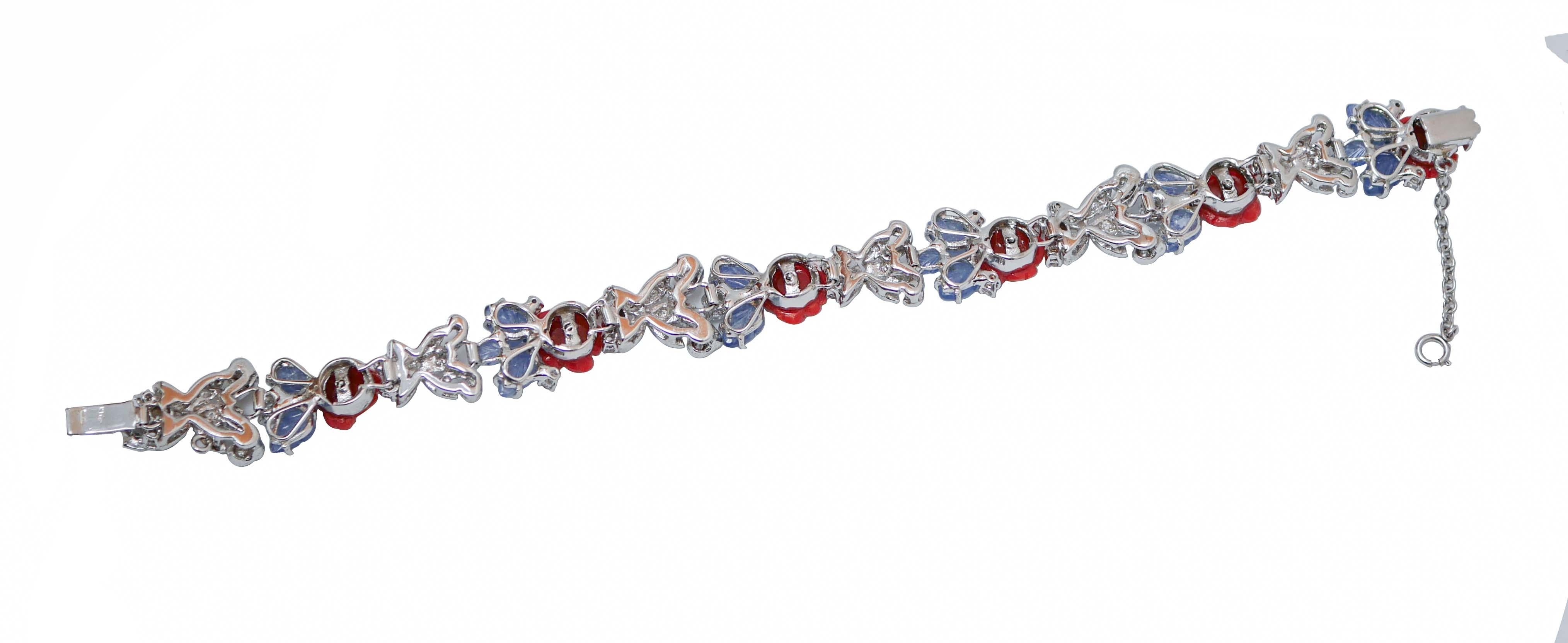 Retro Coral, Sapphires, Diamonds, 14 Karat White Gold Bracelet.