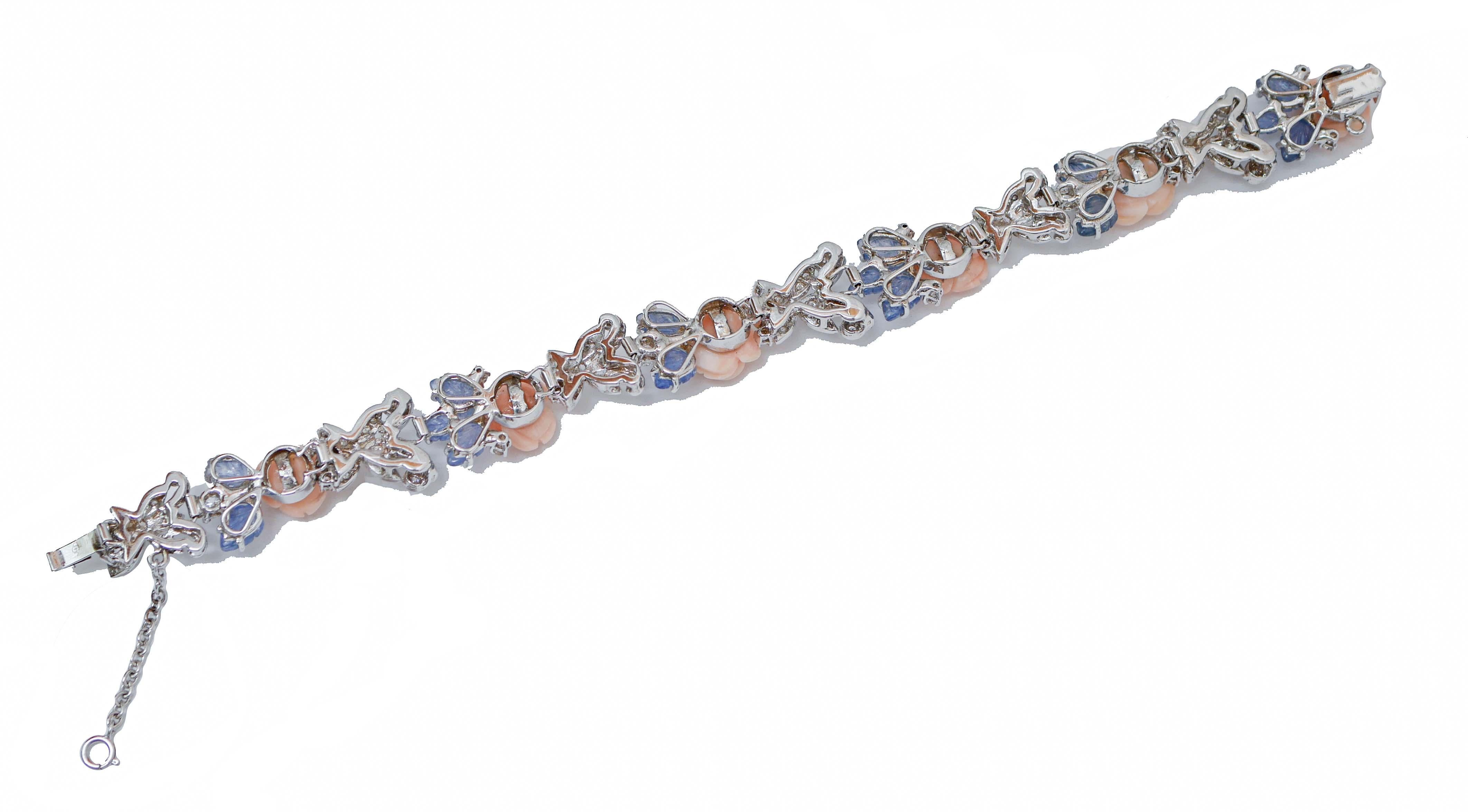 Retro Coral, Sapphires, Diamonds, 14 Karat White Gold Retrò Bracelet. For Sale