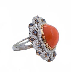 Coral, Sapphires, Diamonds, 14 Karat White Gold Ring.